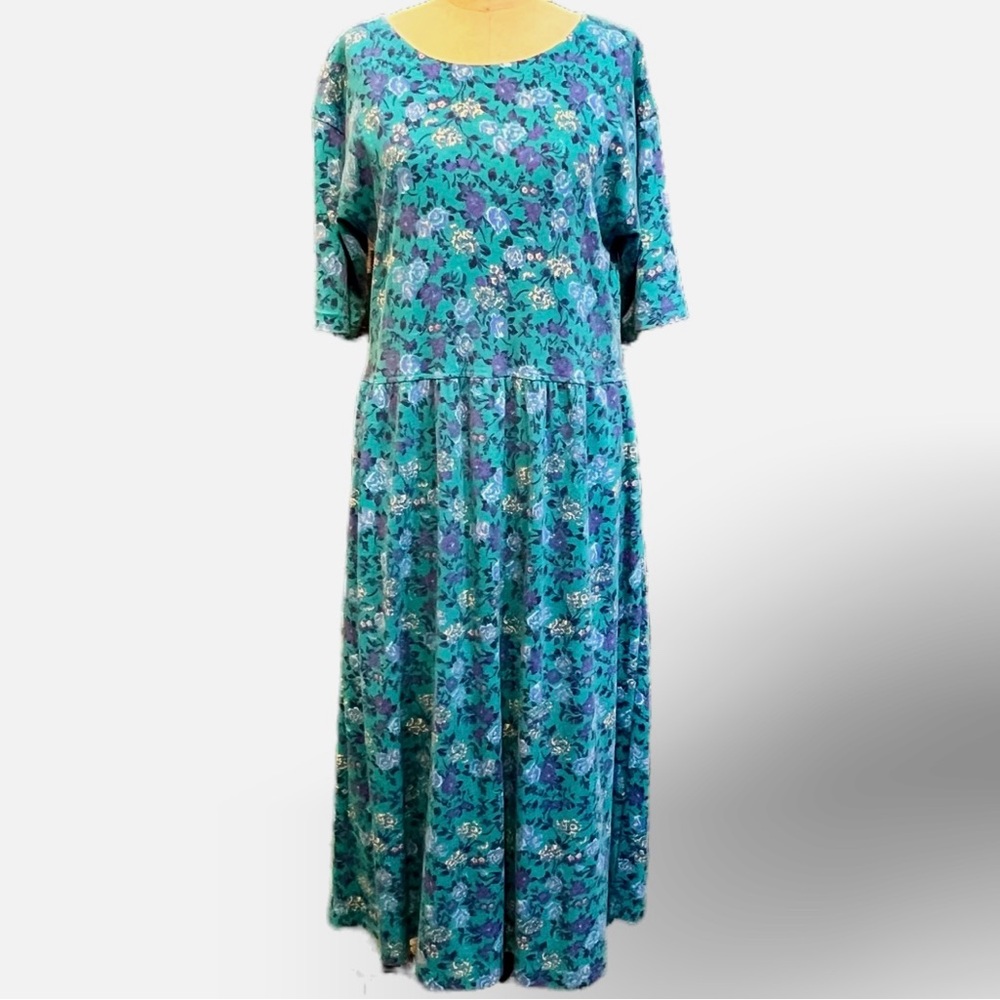 VINTAGE 80s 90s ditsy calico floral long maxi cotton dress short sleeve teal‎